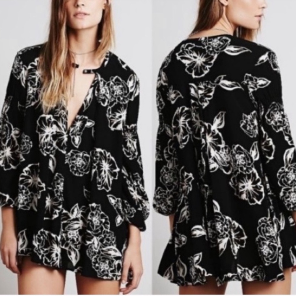 Free People Tree Swing Tunic Dress Womens S Black Cream Green Floral Bohemian